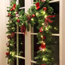 9 FT LED Christmas Garland with Pinecones Red Berries Bows