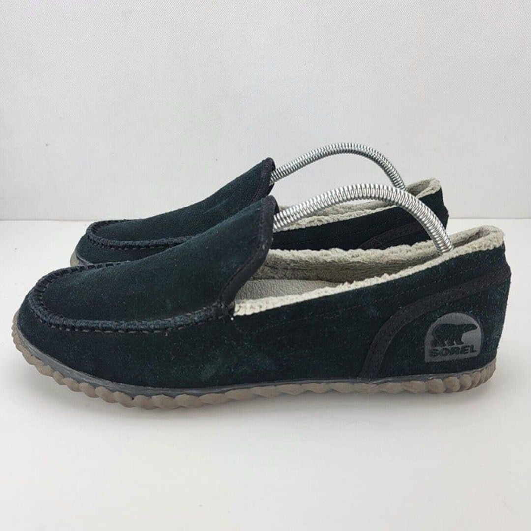 Sorel Mens Size 9 Black Suede Slip On Faux Fur Moccasins Slippers NM2025-011