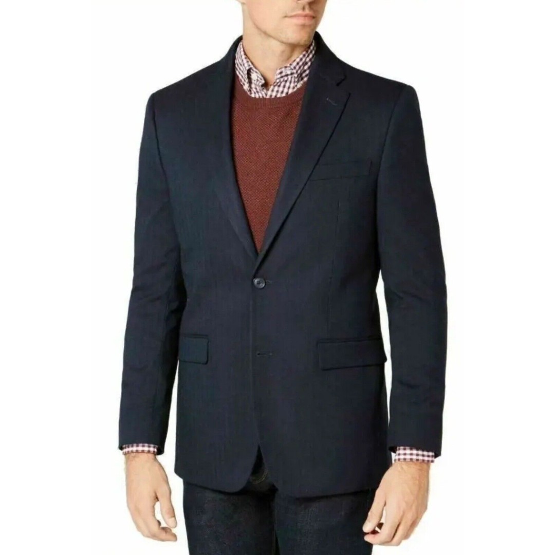 TOMMY HILFIGER Men's Modern-Fit TH Flex Navy Blue Herringbone Sport Coat 38S