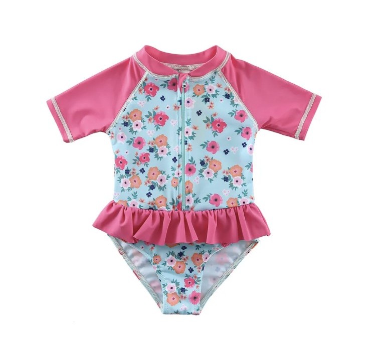 Pink Floral Short Sleeve Zip Rash Guard Swimwear Onesie UPF 30+ Baby Girl 3M