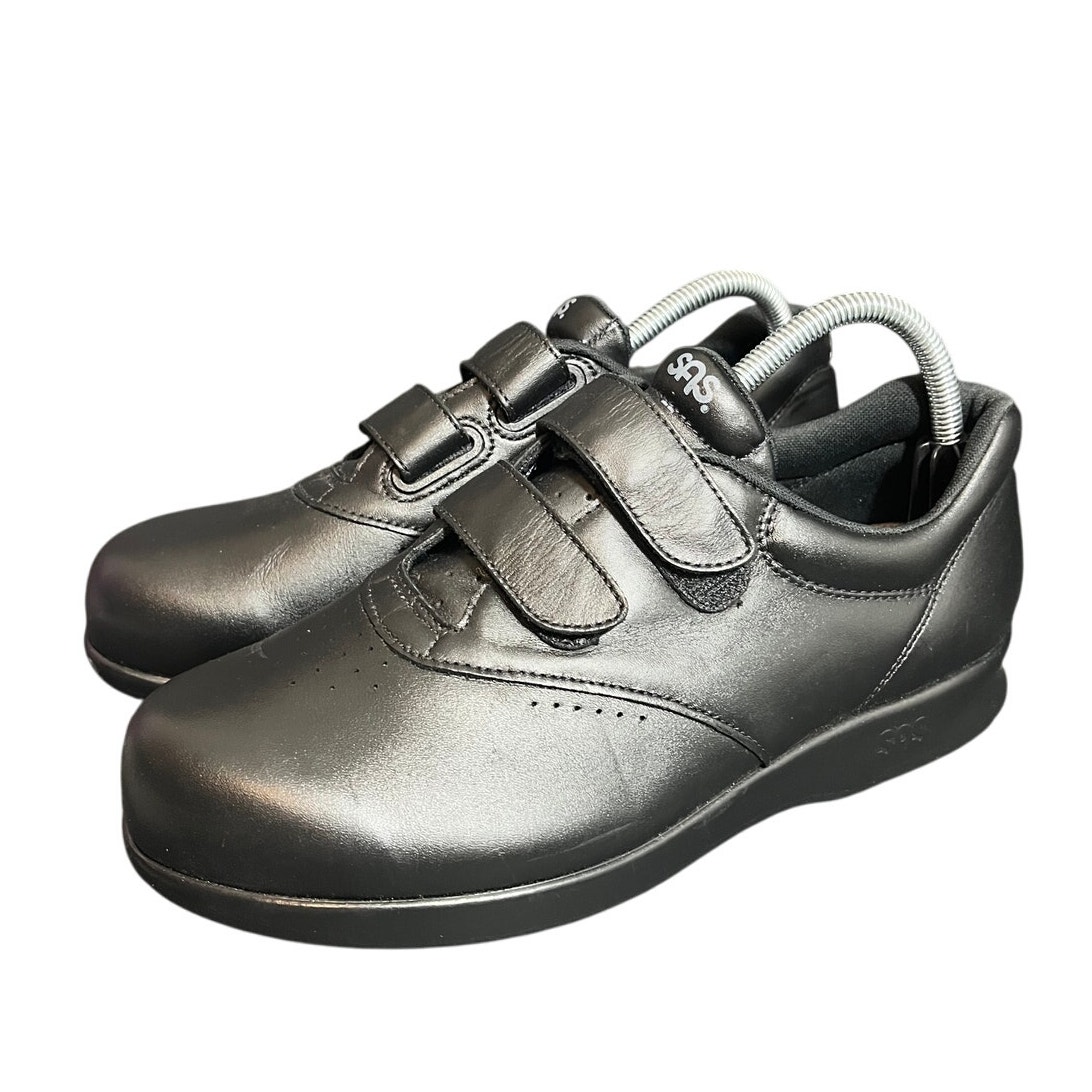 SAS Me Too Black Leather Hook Loop Walking Shoes Womens Size 9 WW Wide