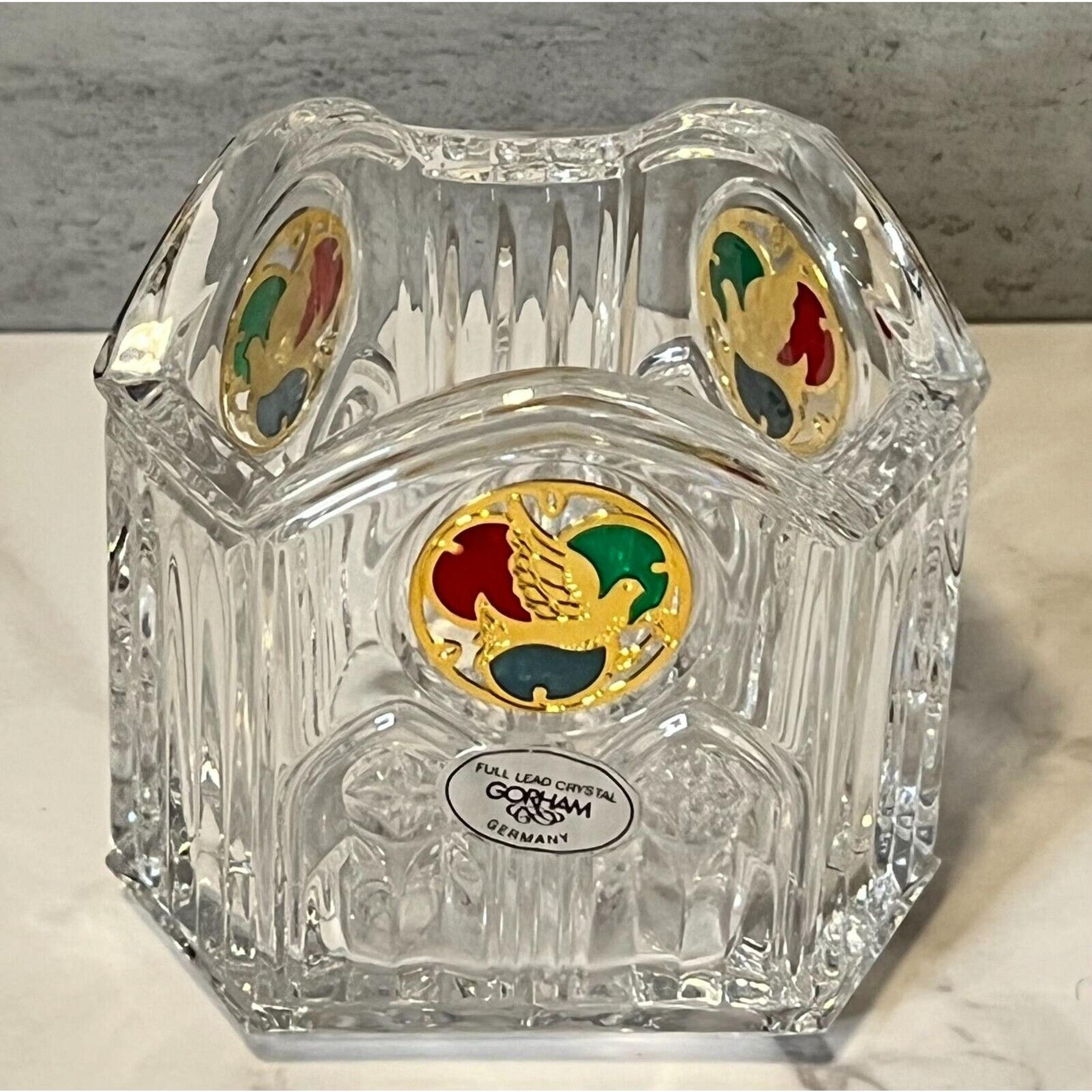 VTG Gorham Crystal Cut Art Glass Dove Stained Glass Votive Candle Holder