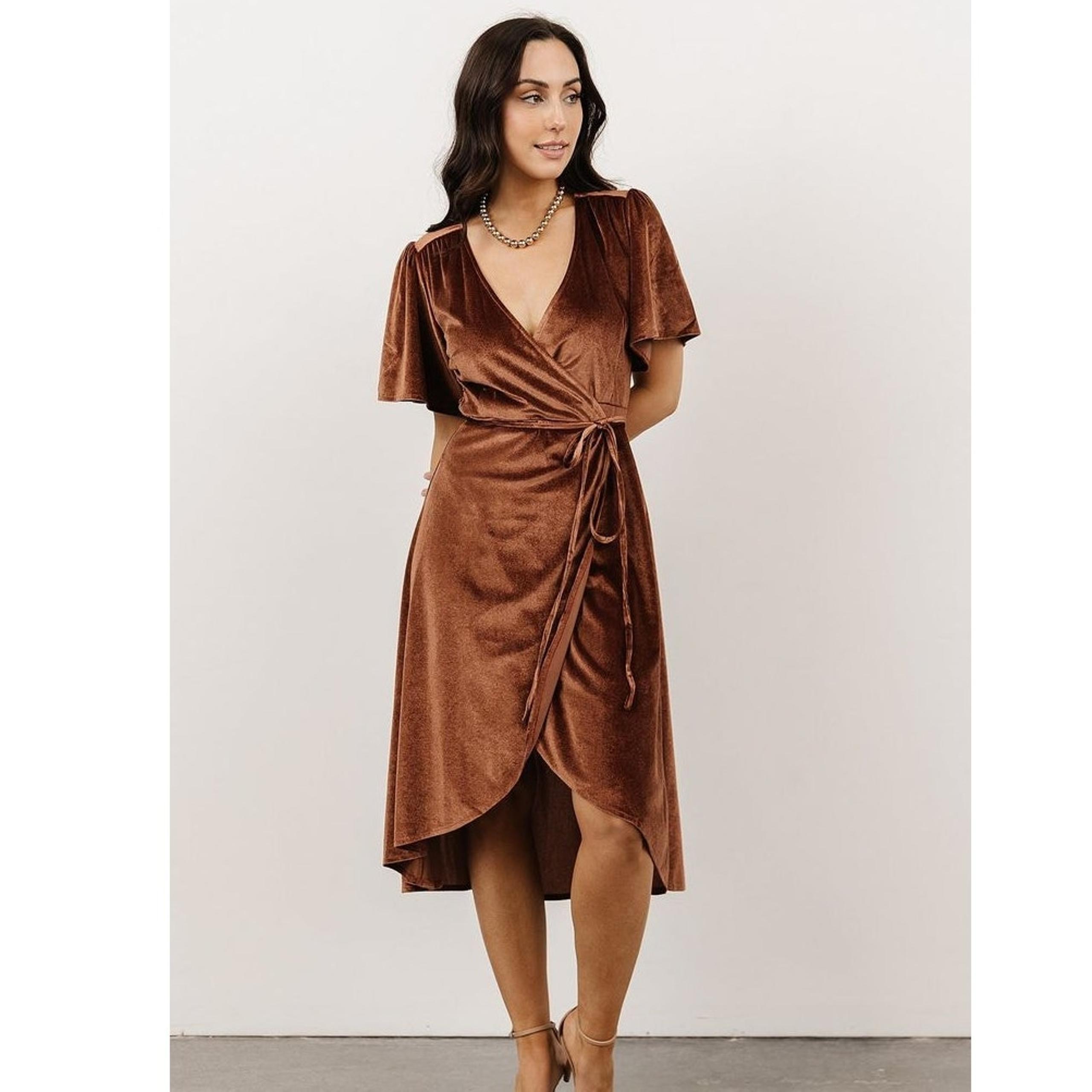 Baltic Born Allison Velvet Midi Wrap Dress in Bronze Women Sz Small NWT