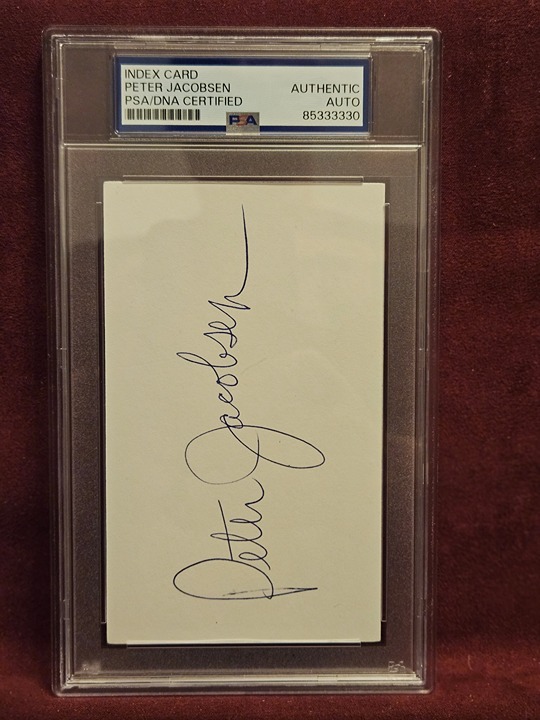 PETER JACOBSEN PGA STAR HAND SIGNED INDEX CARD PSA