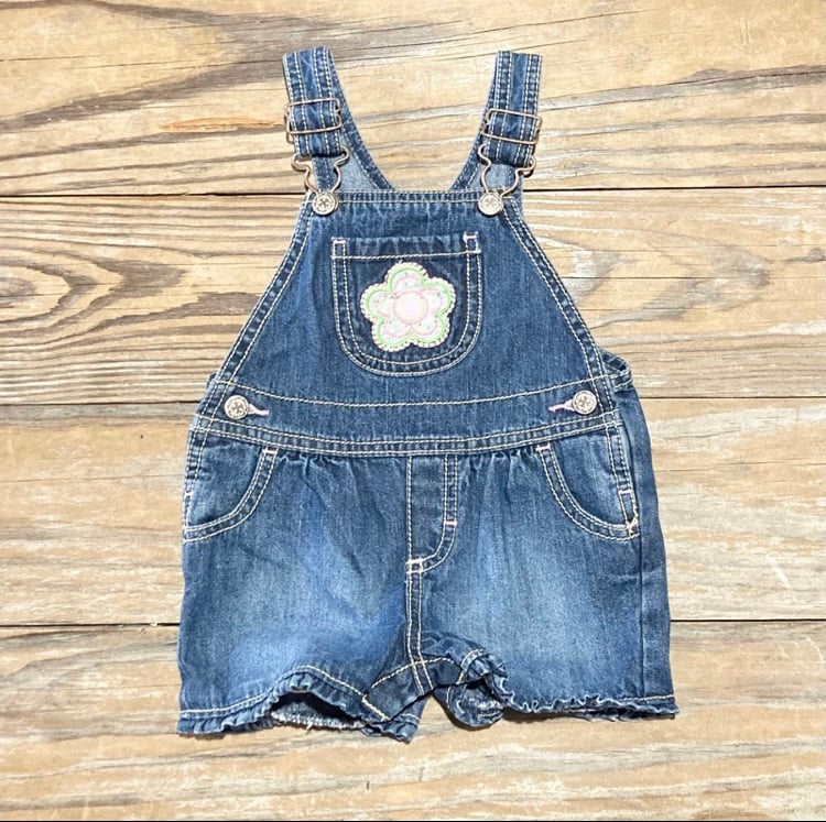OshKosh Overall Shorts Flower Girls Size 12m Jean Denim Vintage