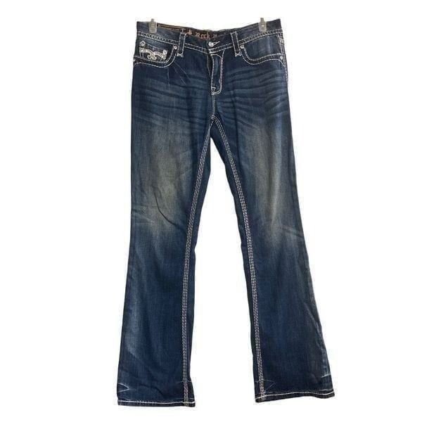 ROCK REVIVAL Women’s Vika Boot Cut Rhinestone Studded Jeans Sz 31 Blue Inseam 33