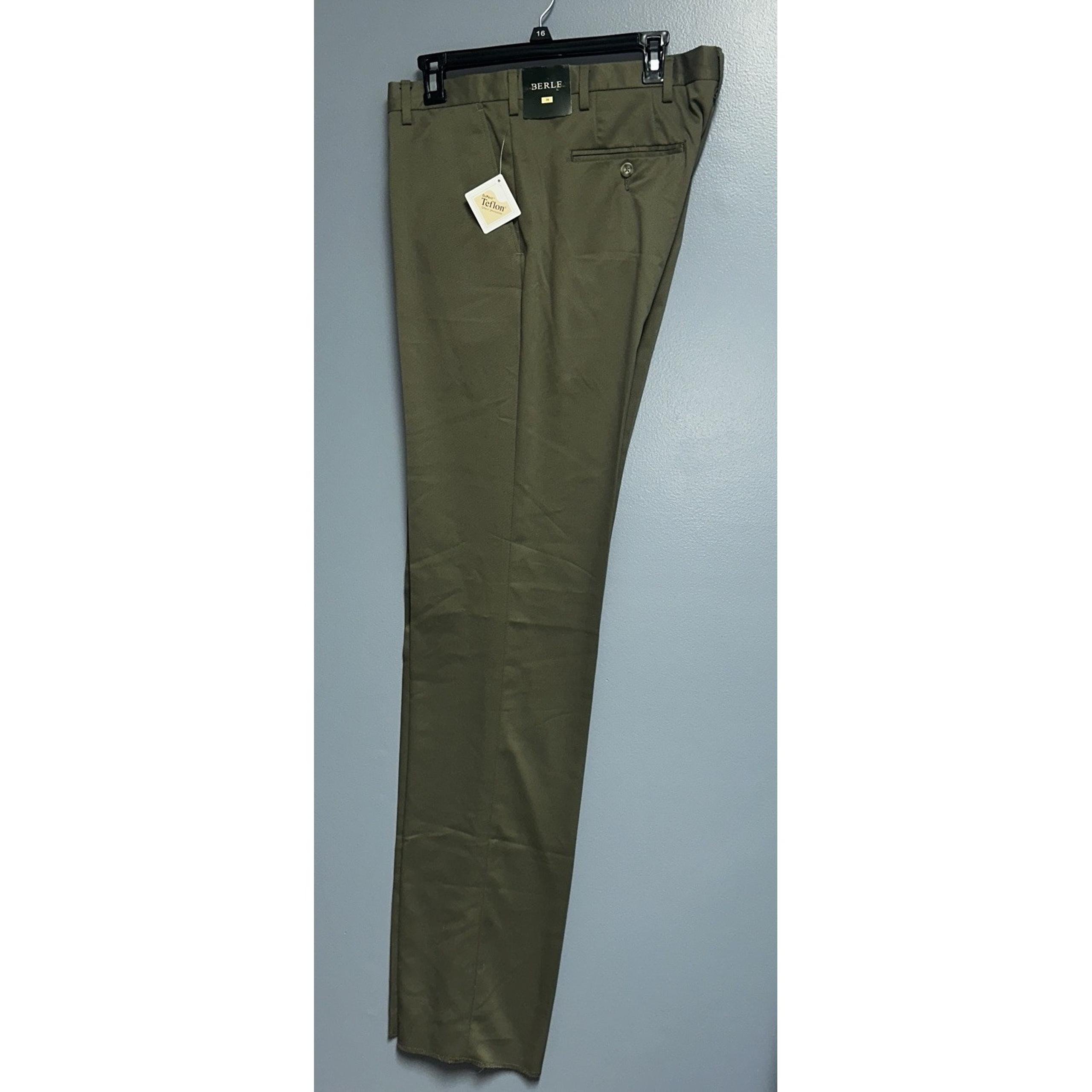 NWT Berle Khaki Olive Green Cotton Unhemmed Slacks Men's Sz 36 Flat Front Pants