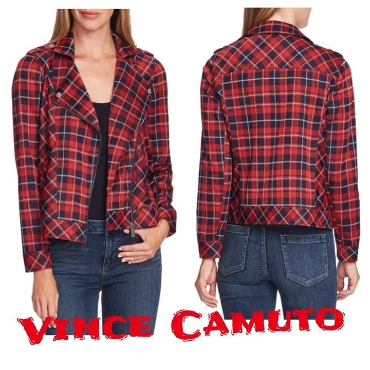 Vince Camuto Plaid Knit Moto Jacket red black fall winter