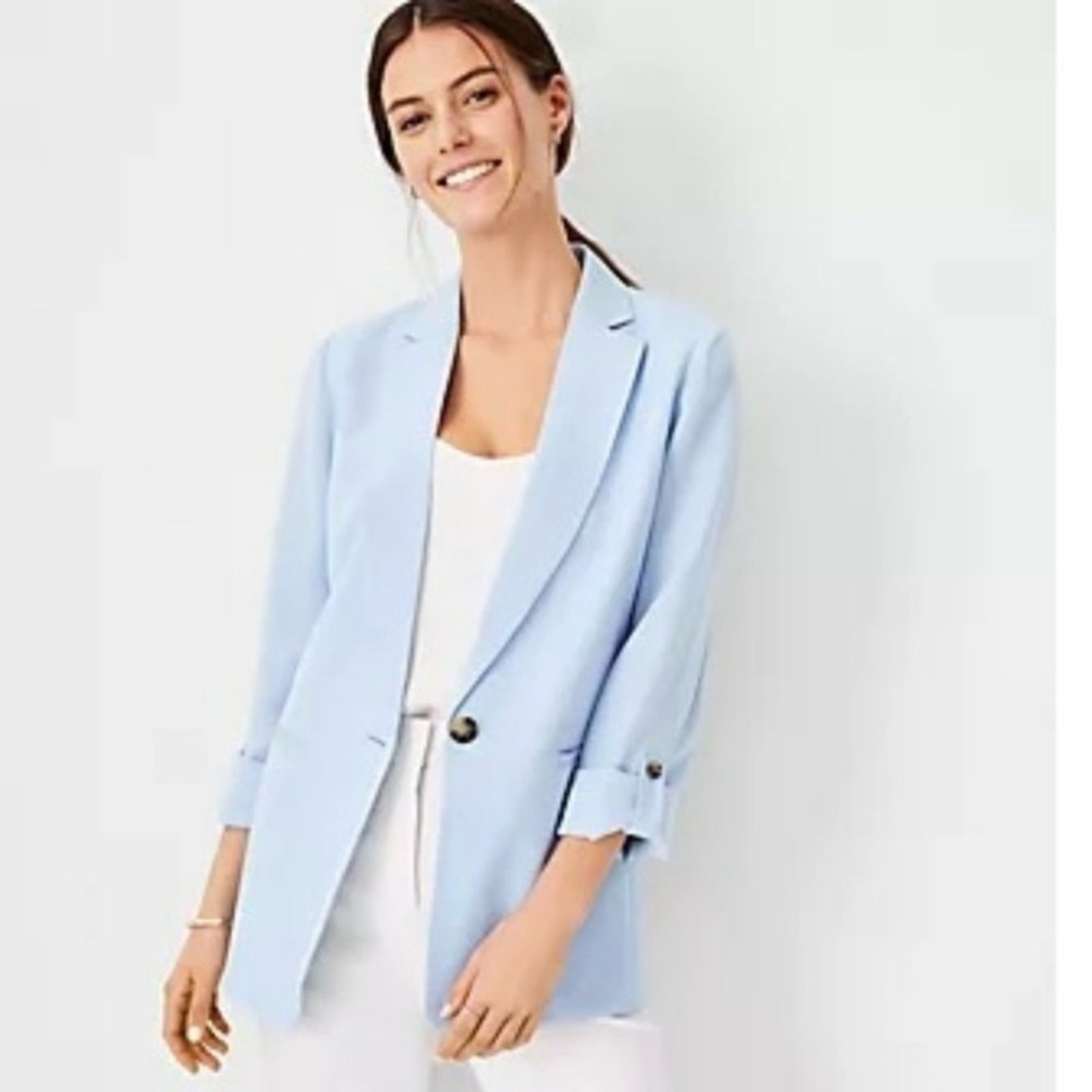 Ann Taylor Lightweight Blazer Button Roll Tab 3/4 Sleeves Light Blue Size 00P