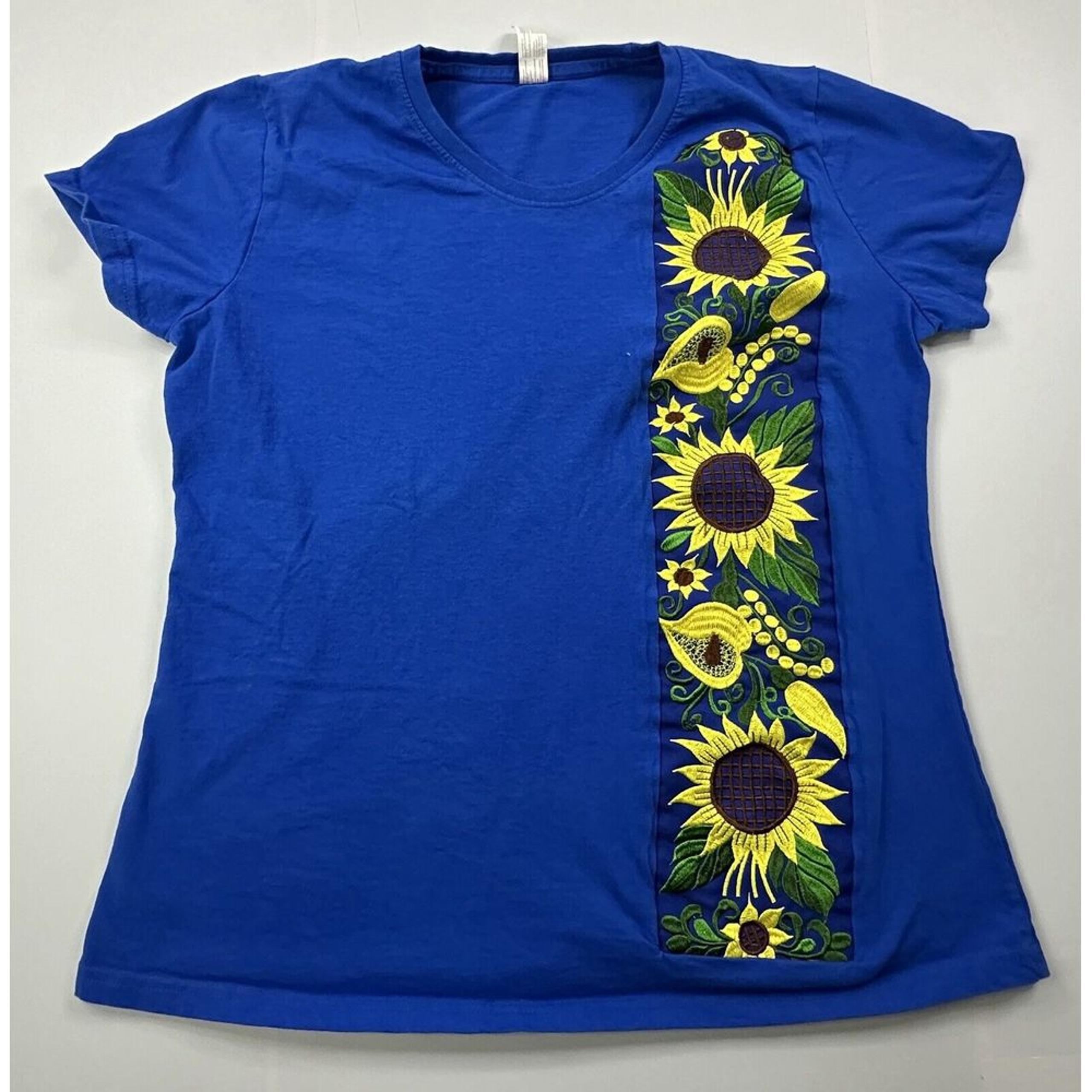 Missy Euro Embroidered Top Womens XL Blue Shnflower Shirt
