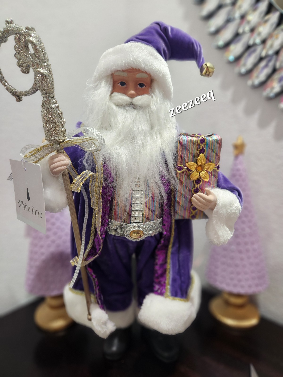 Christmas Purple Santa Claus Doll White Faux Fur Figurine Figure Decor 19