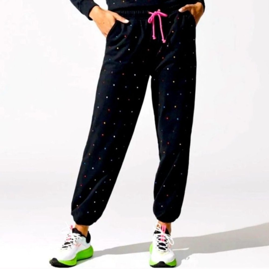 TEREZ NEW YORK Multi-Colored Bedazzled 100% Cotton Black Jogger Sweatpants Sz XS