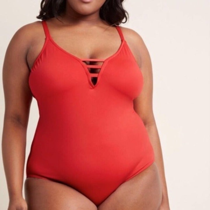 NEW NWT LA BLANCA Plus Size Splash One Piece Swimsuit Red Plunge Swimwear 16W