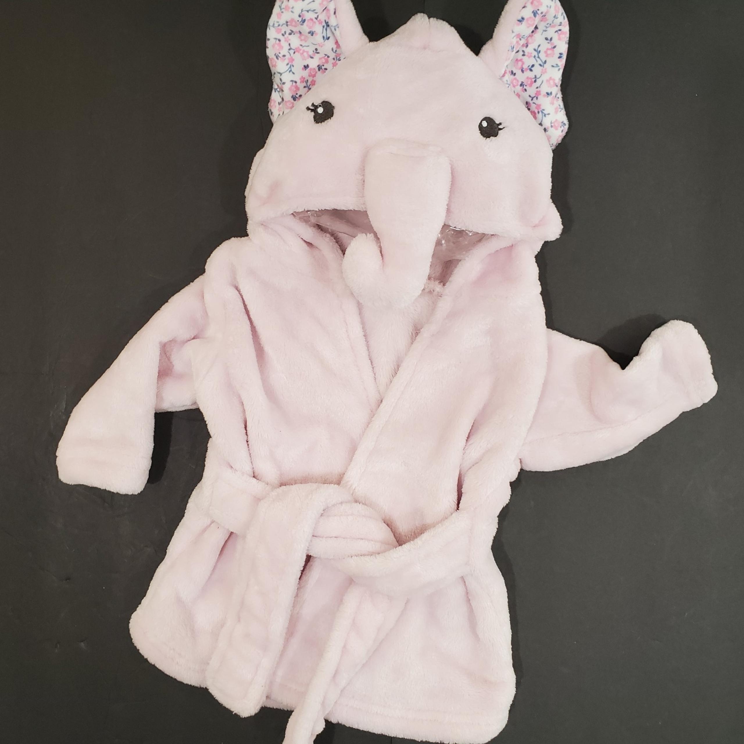 Little Treasure Plush Pink Elephant Hooded Fleece Bath Robe Tie Belt Sz 0-9M EUC