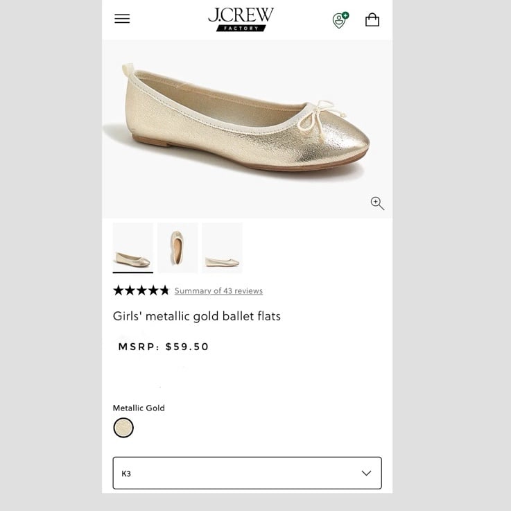 J.Crew Gold Flats size 3