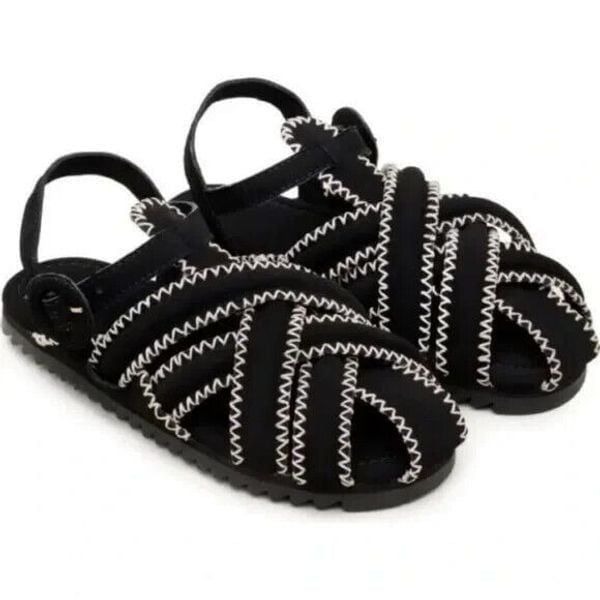 FARM Rio Zigzag Stitch Sandals Womens 9 Black Leather Vegan Bohemian