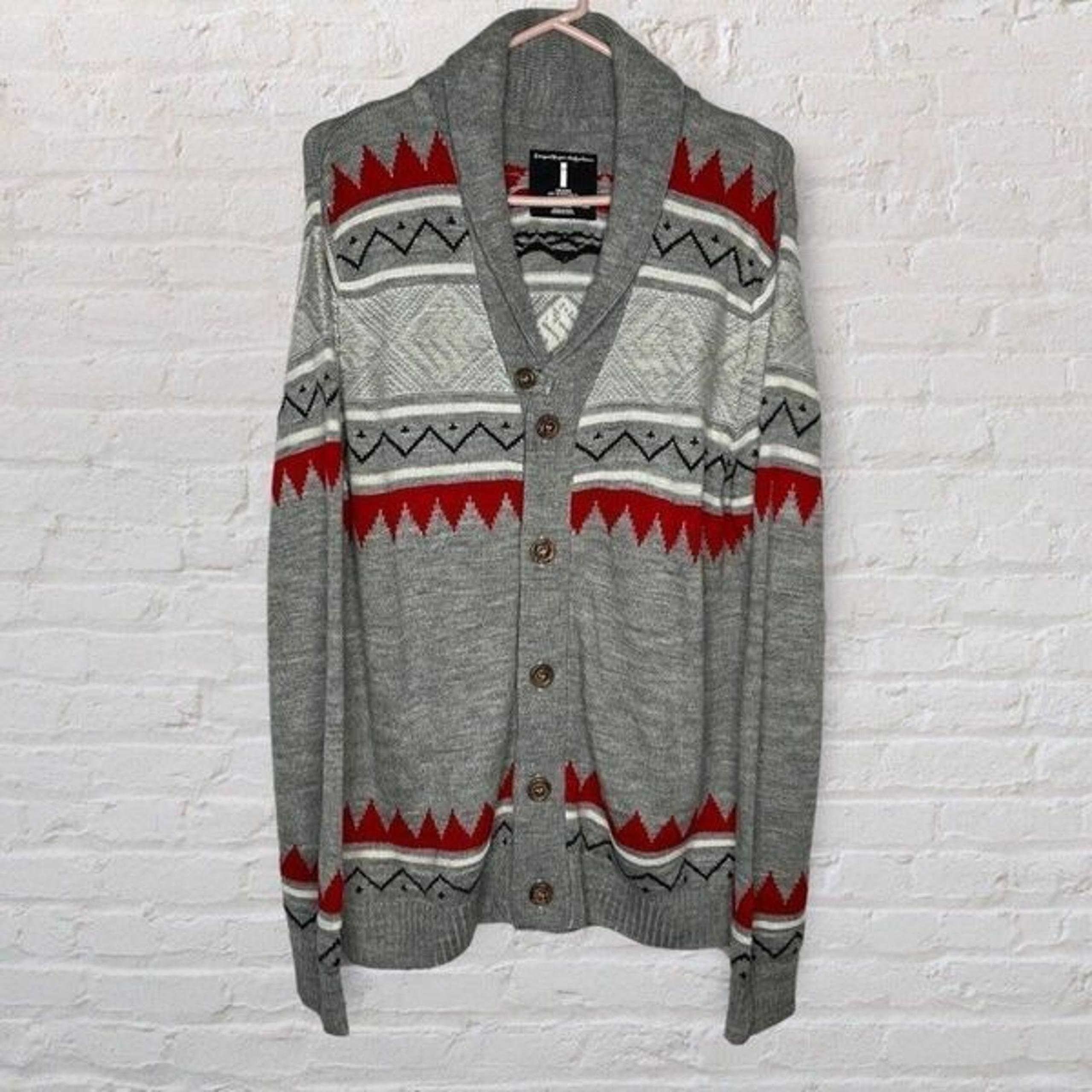 Jeans by Buffalo Men Size L Gray Aztec Southwest Wool Bld. Button Front Cardigan