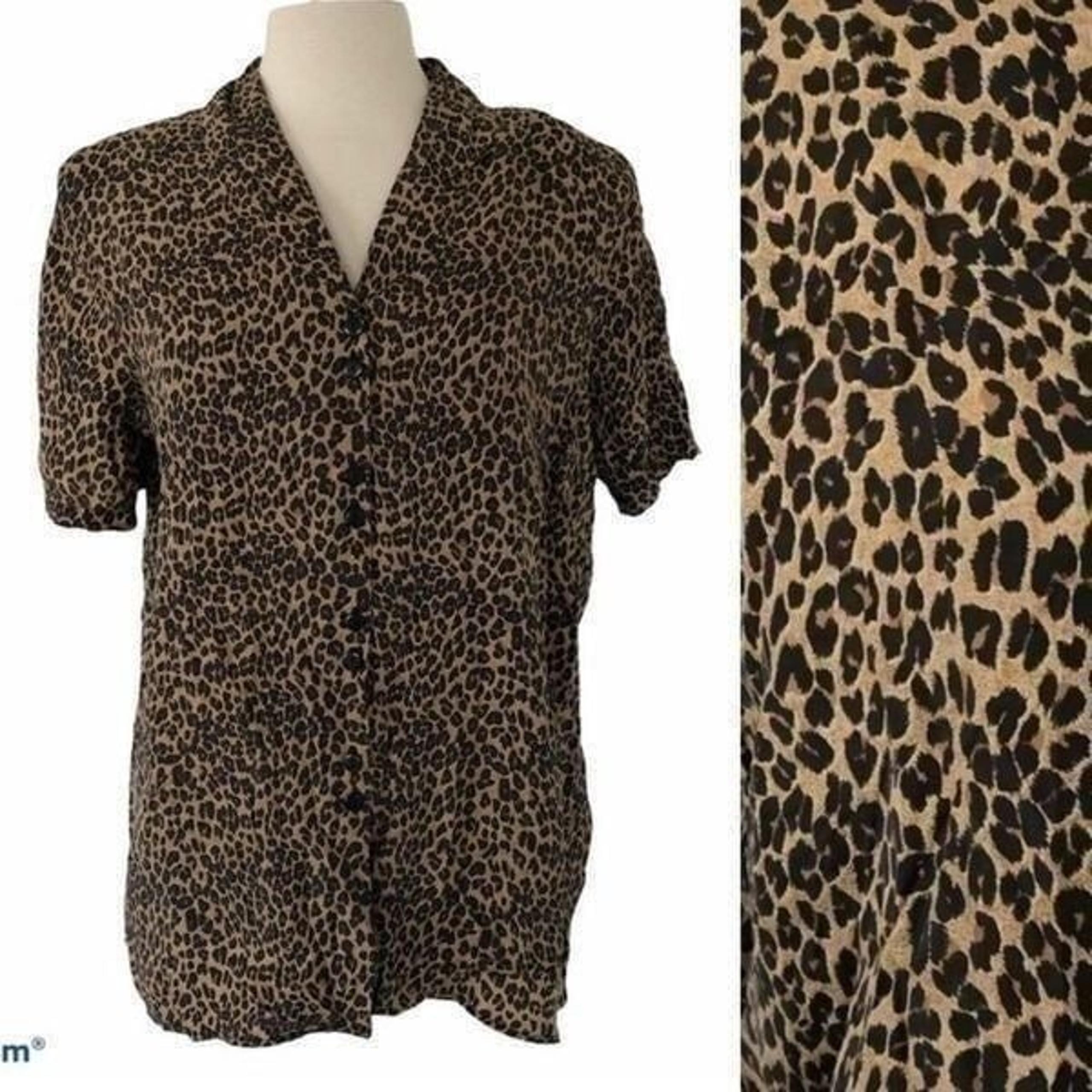 Vintage Animal Print 100% Silk Button Down Shirt Top Brown Women Size Medium