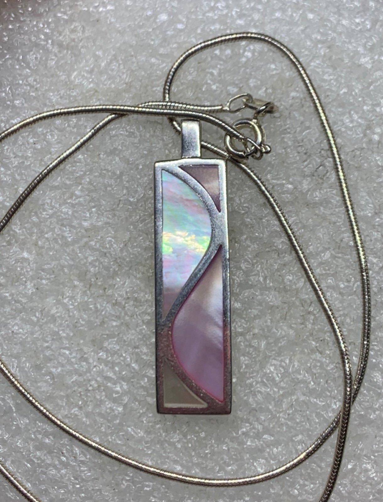 Vintage Sterling Pink Mother of Pearl Bar pendant and chain