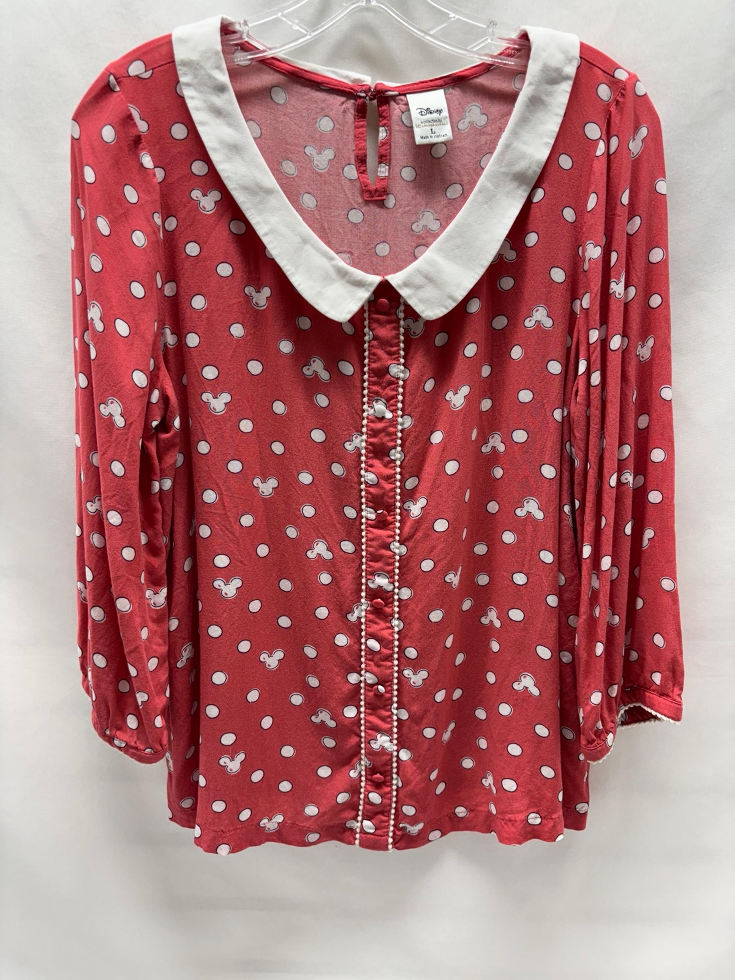 Disney by Lauren Conrad Womens Blouse Size L Red Mickey Mouse Peter Pan Collar