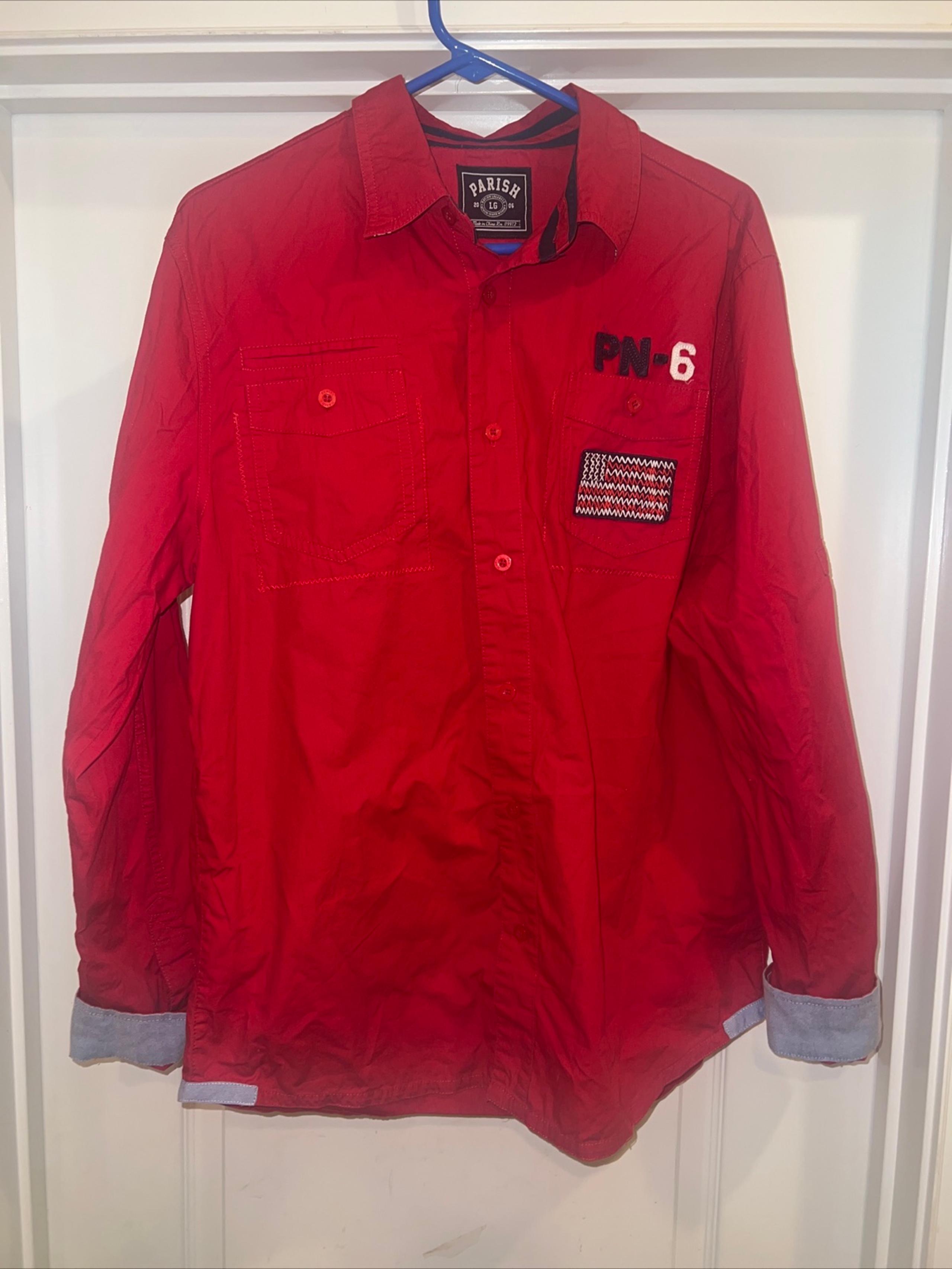 Parish Nation Button-Up Shirt Men's L Red Embroidered Long Sleeve  * USA