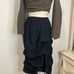 Black lagenlook ruched and gathered knee length stretchy skirt