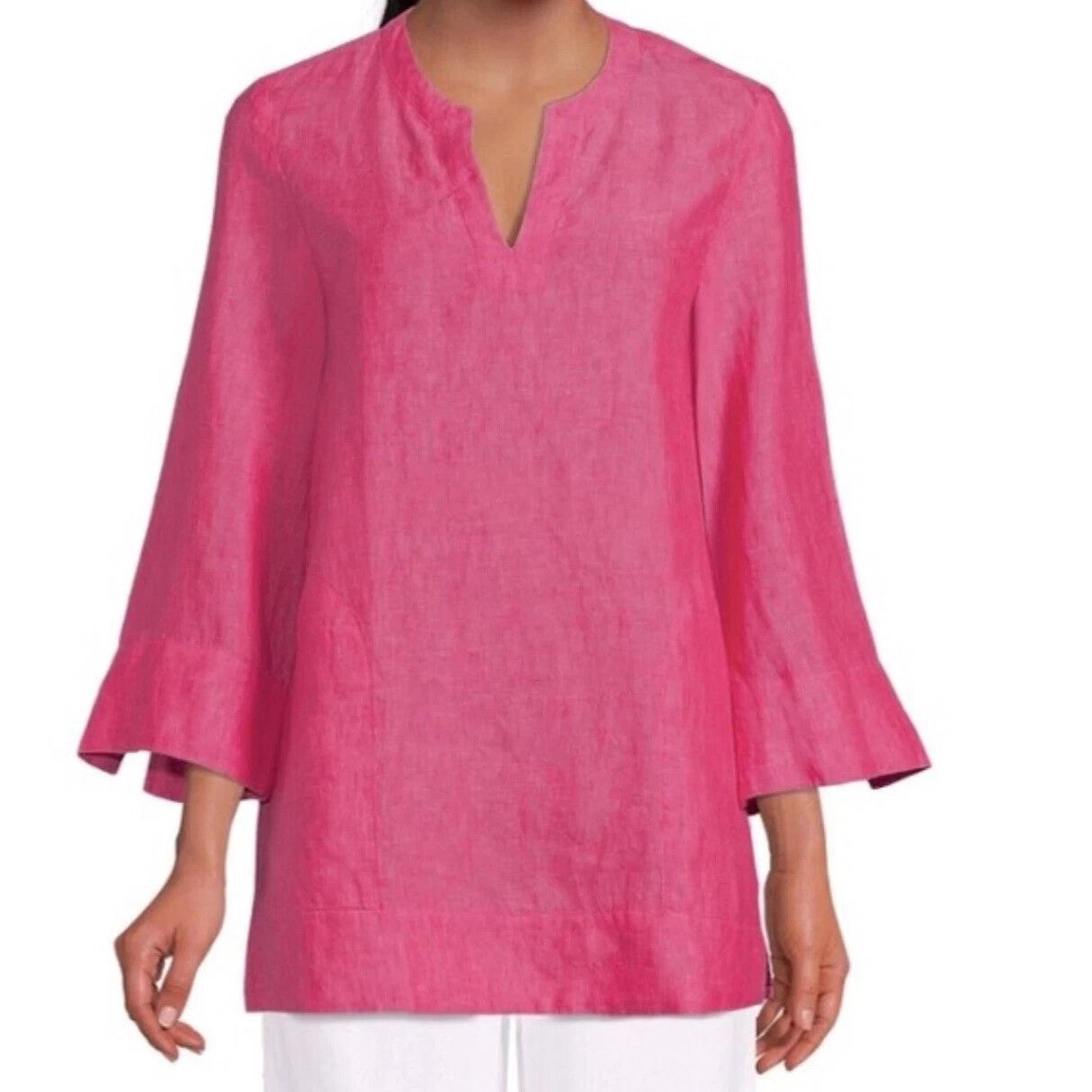 Lands' End Women's Blouse Size M Linen Blend Pockets Side Slits Pink