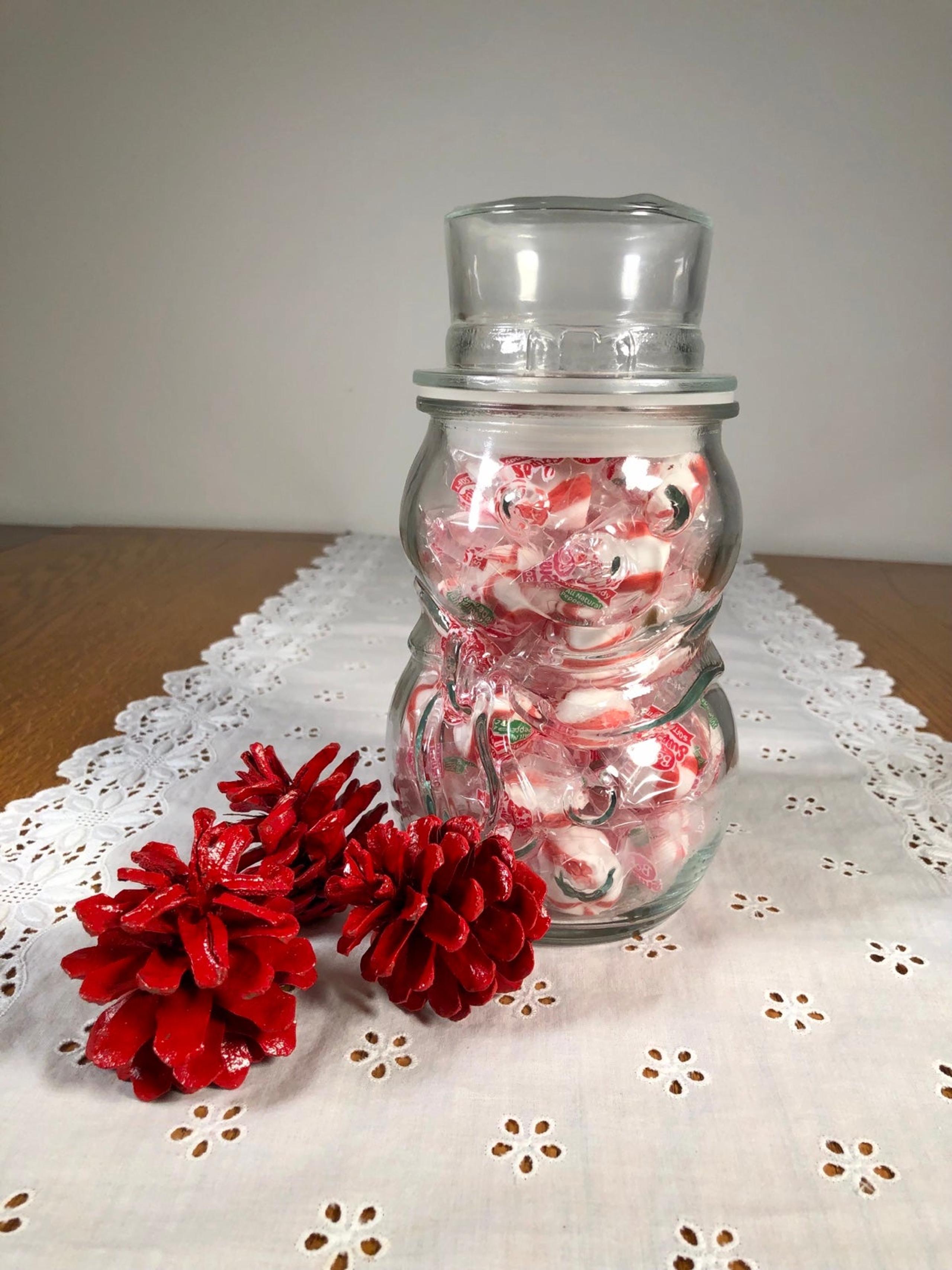 Vintage Libby Canada clear Christmas Snowman glass decoration candy jar 8”