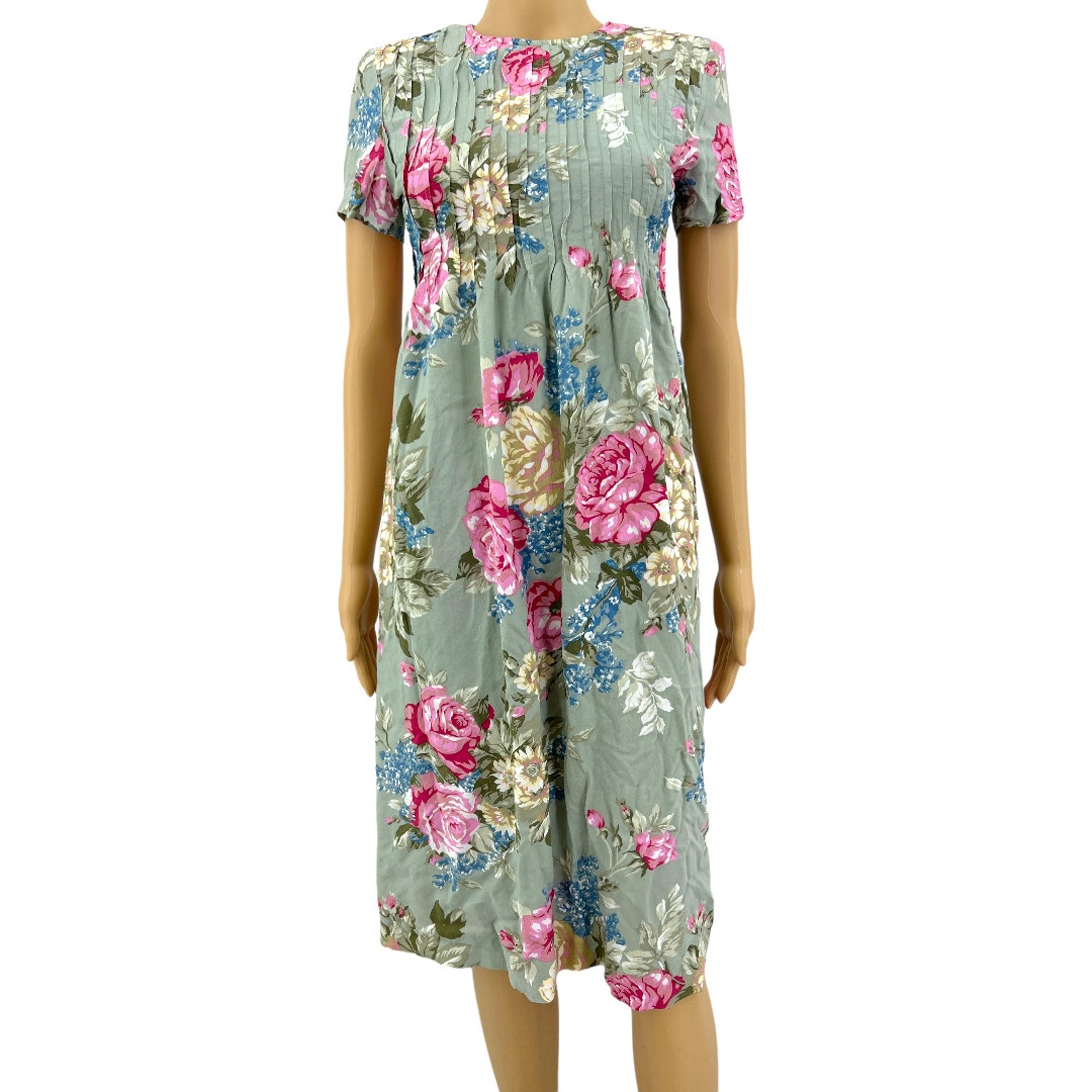 Positive Attitude (4) Petite VINTAGE 90's Green Floral Pleated Sheath Midi Dress