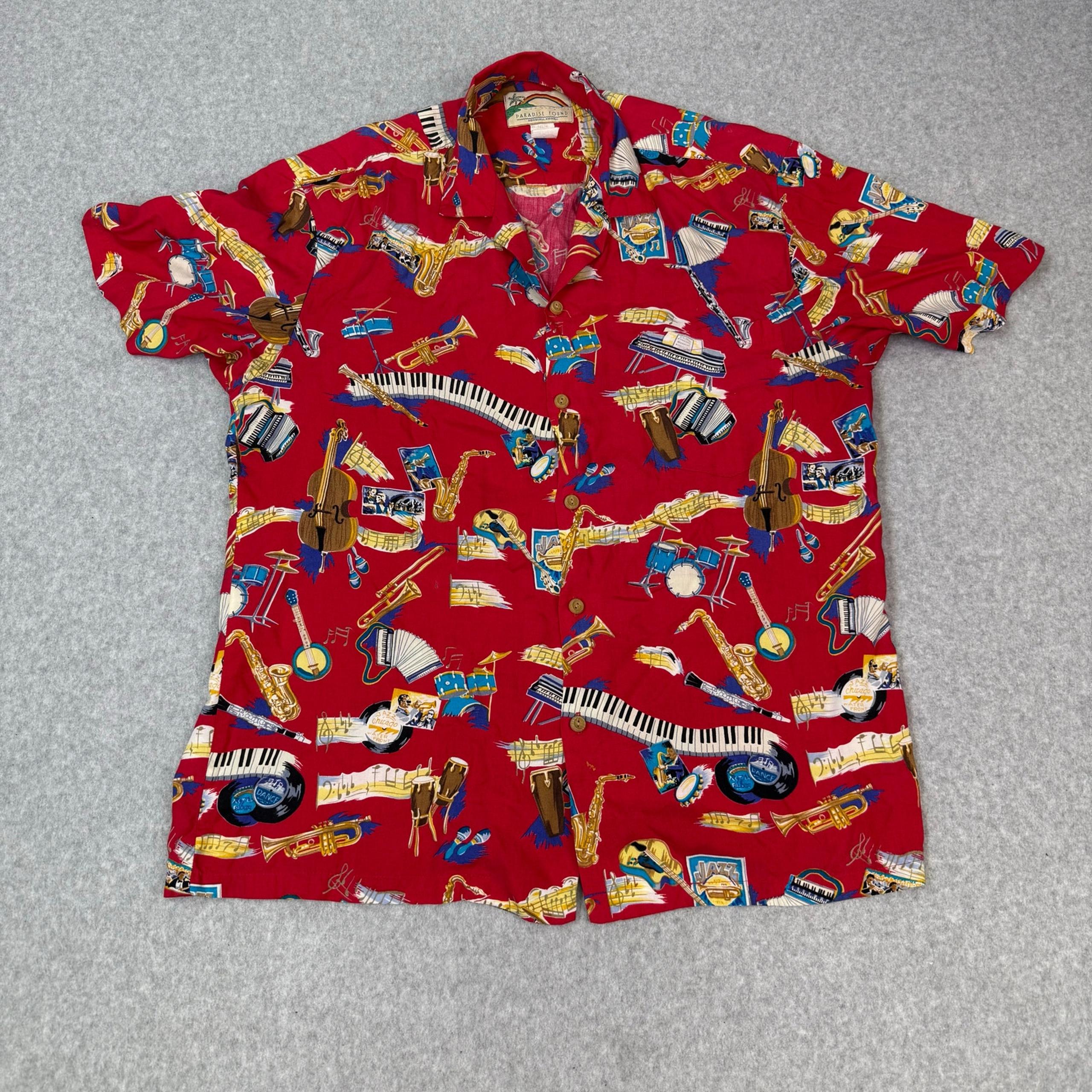 Paradise Found Hawaiian Shirt Men's Medium Vintage Red Jazz Instruments