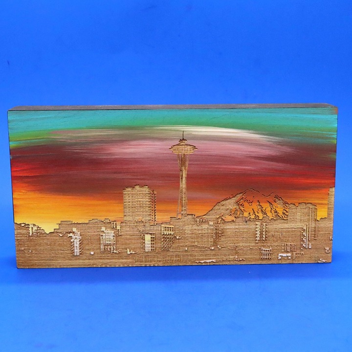 Seattle Skyline Art Hand Painted Laser Etched Wood by Scott Alberts