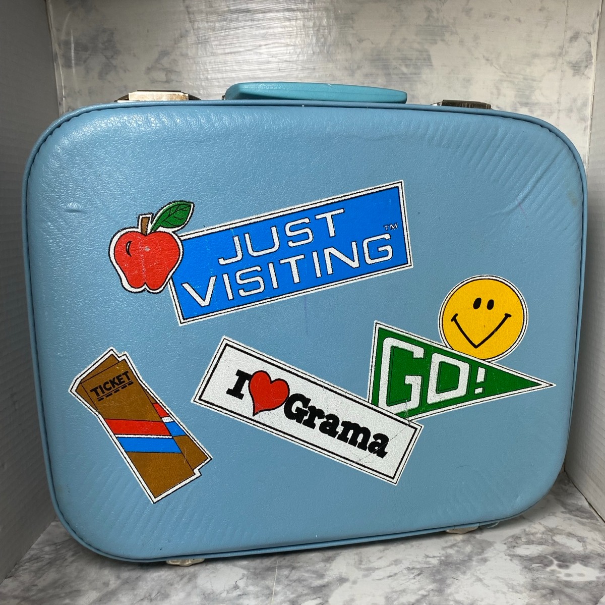 Vintage Baby Blue Hard Shell Kid 'Just Visiting' Grandparents Suitcase