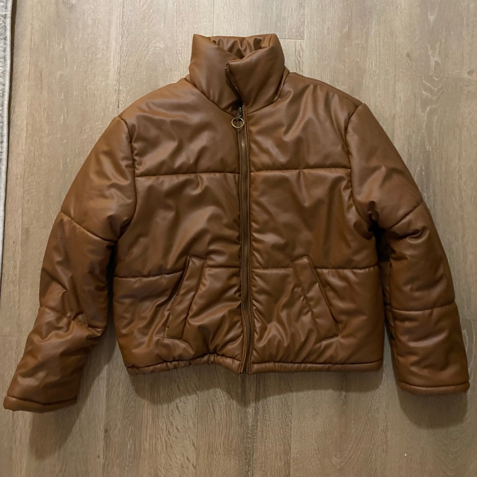 Miss Selfie Brown Faux Leather Puffer Jacket in Size Medium