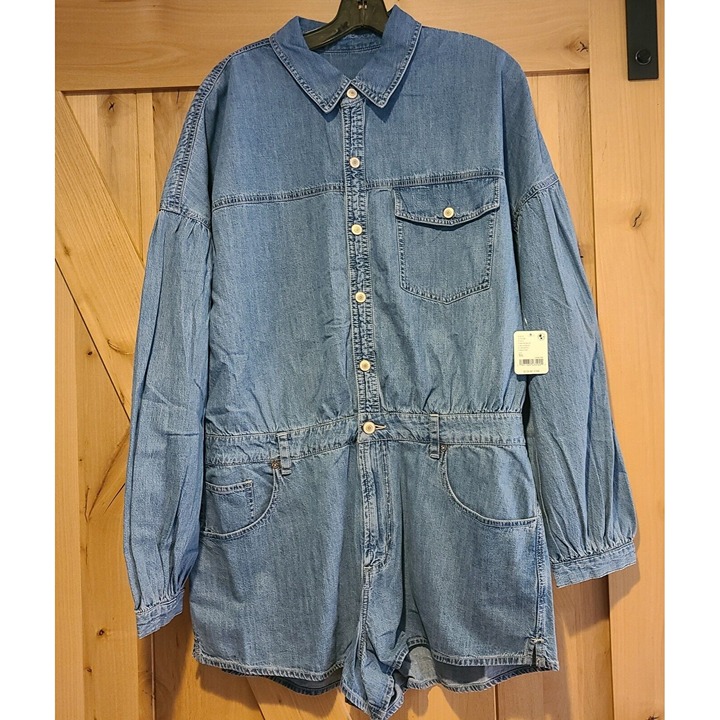 New! Free People Zodiac Size XL Denim Chambray One Piece Romper Moon Blue Snap