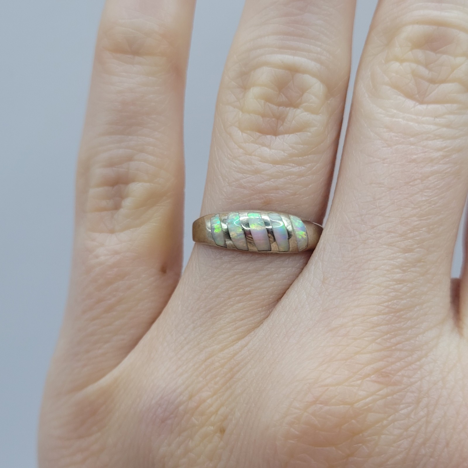 925 Sterling Silver W Fiery White Opal Inlay Size 5.75 Ring