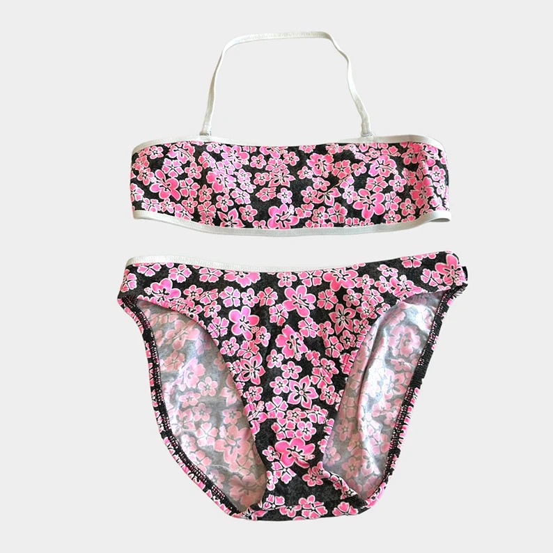Vintage 90s Deadstock Hang Ten Pink Gray White Hibiscus Tropical Floral Bandeau