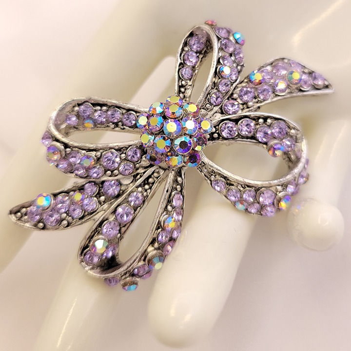 Gorgeous Vintage Aurora Borealis and Purple Rhinestone Bow Brooch Pin