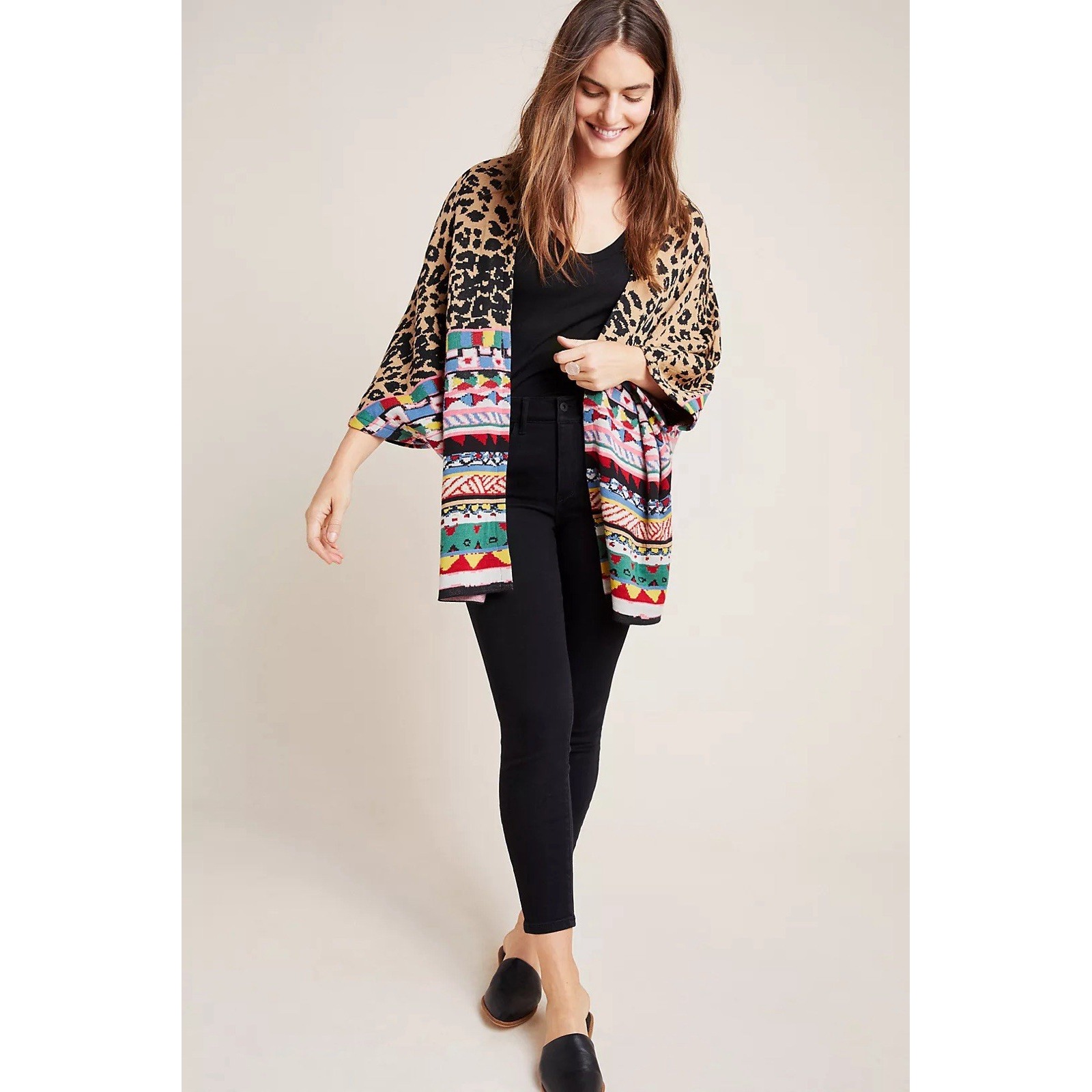Aldomartins By Anthropologie Annistyn Knit Kimono Leopard Sweater Size Large