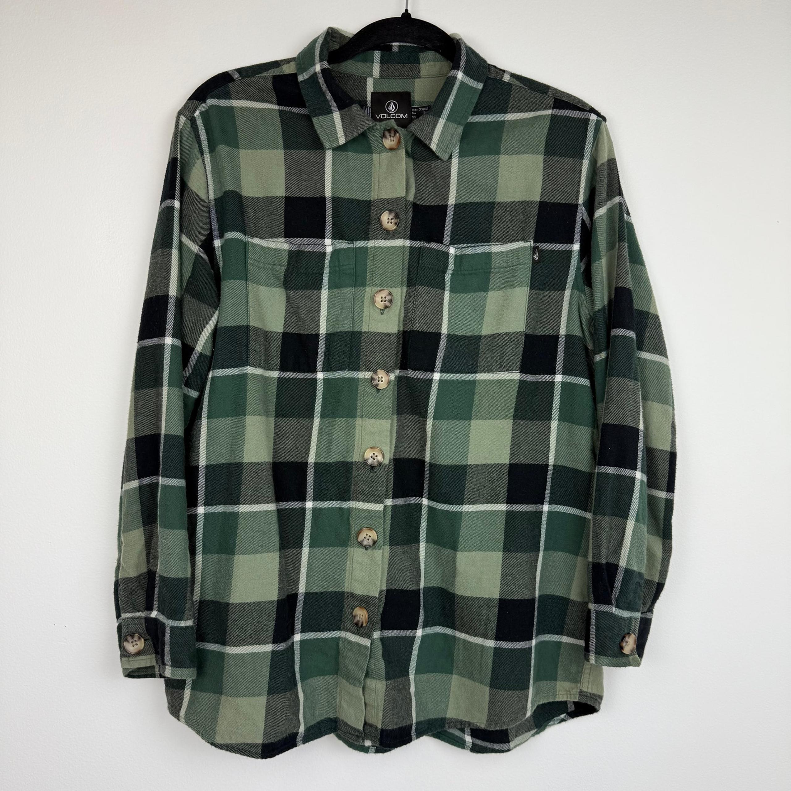 Volcom Mens Long Sleeve Button-Up Cotton Casual Green/Black Plaid Shirt Large