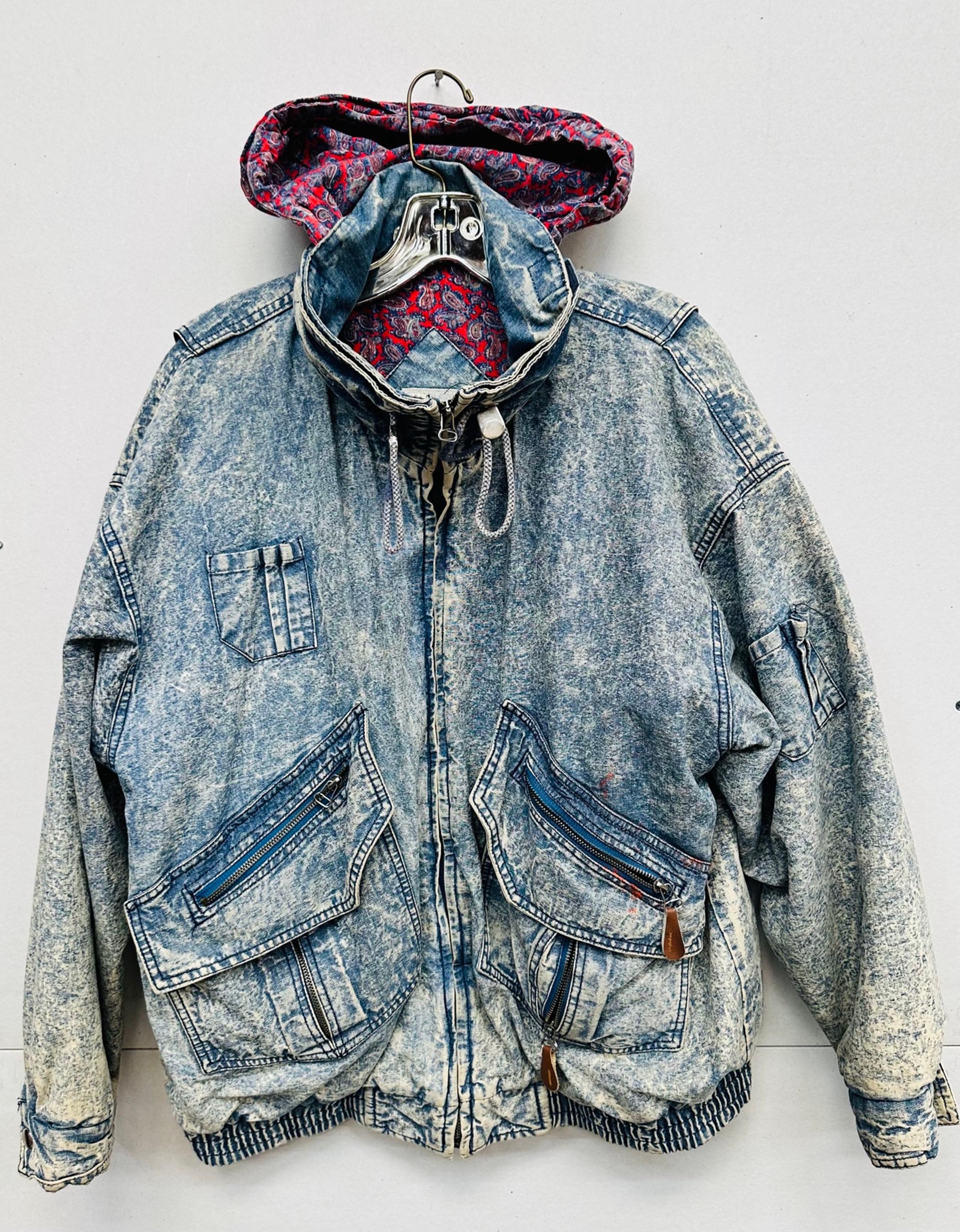 Vintage Denim Bomber Jacket Paisley Hooded Utility Jean Pockets 90s