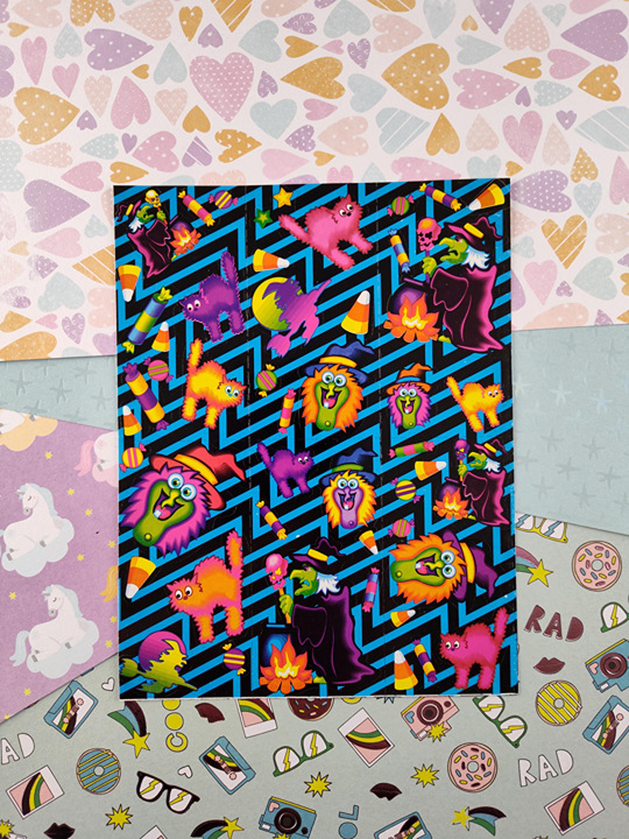 Vintage Lisa Frank Halloween Black Blue Witch Cat Spooky Rainbow Full Sticker