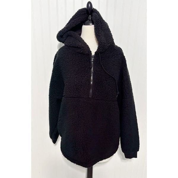 Victoria’s Secret Pink Women's Half Zip Pullover Sherpa Hoodie Black Size Medium