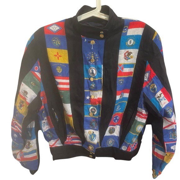 Vintage Louis Feraud Cropped Multicolor US State Flags Jacket Size 6 US CA NY FL