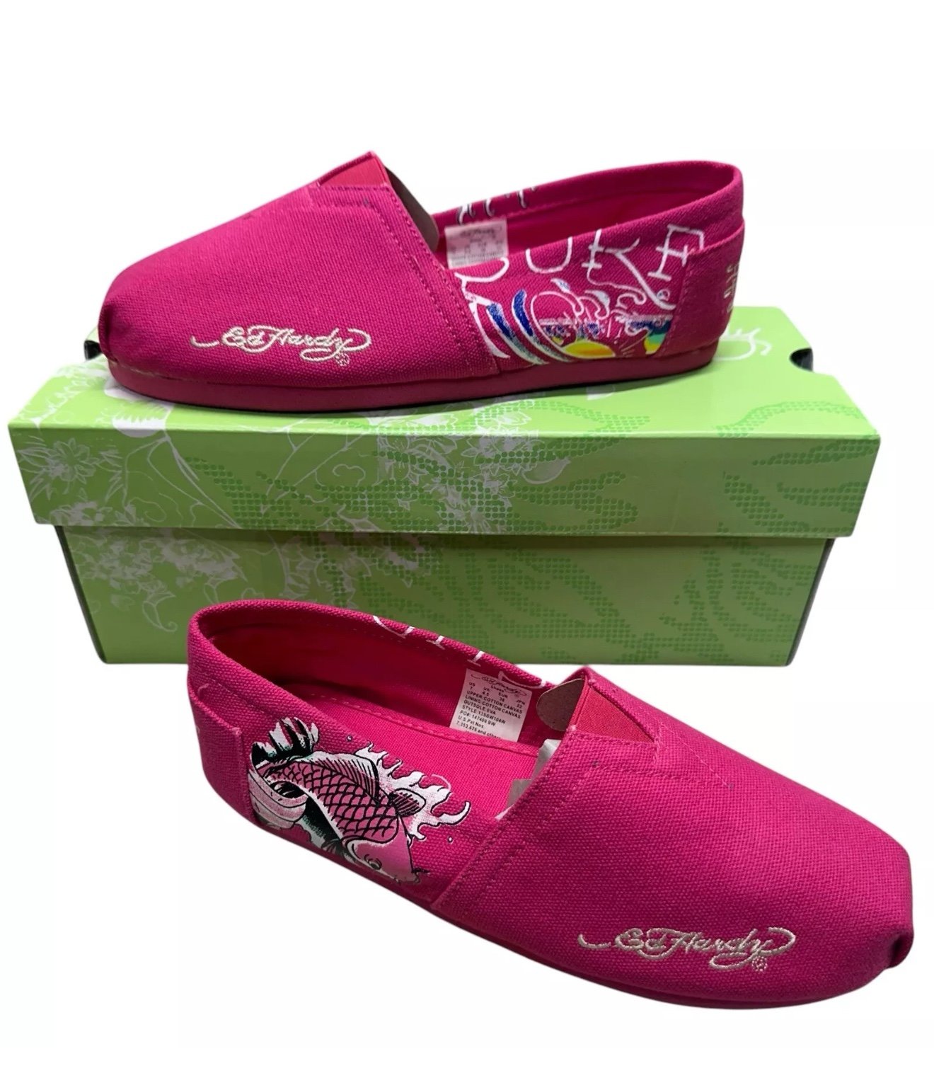 Ed Hardy Shoes Womens Size US 8 Fuschia Bahamas Koi Fish Slip On Flats Colorful