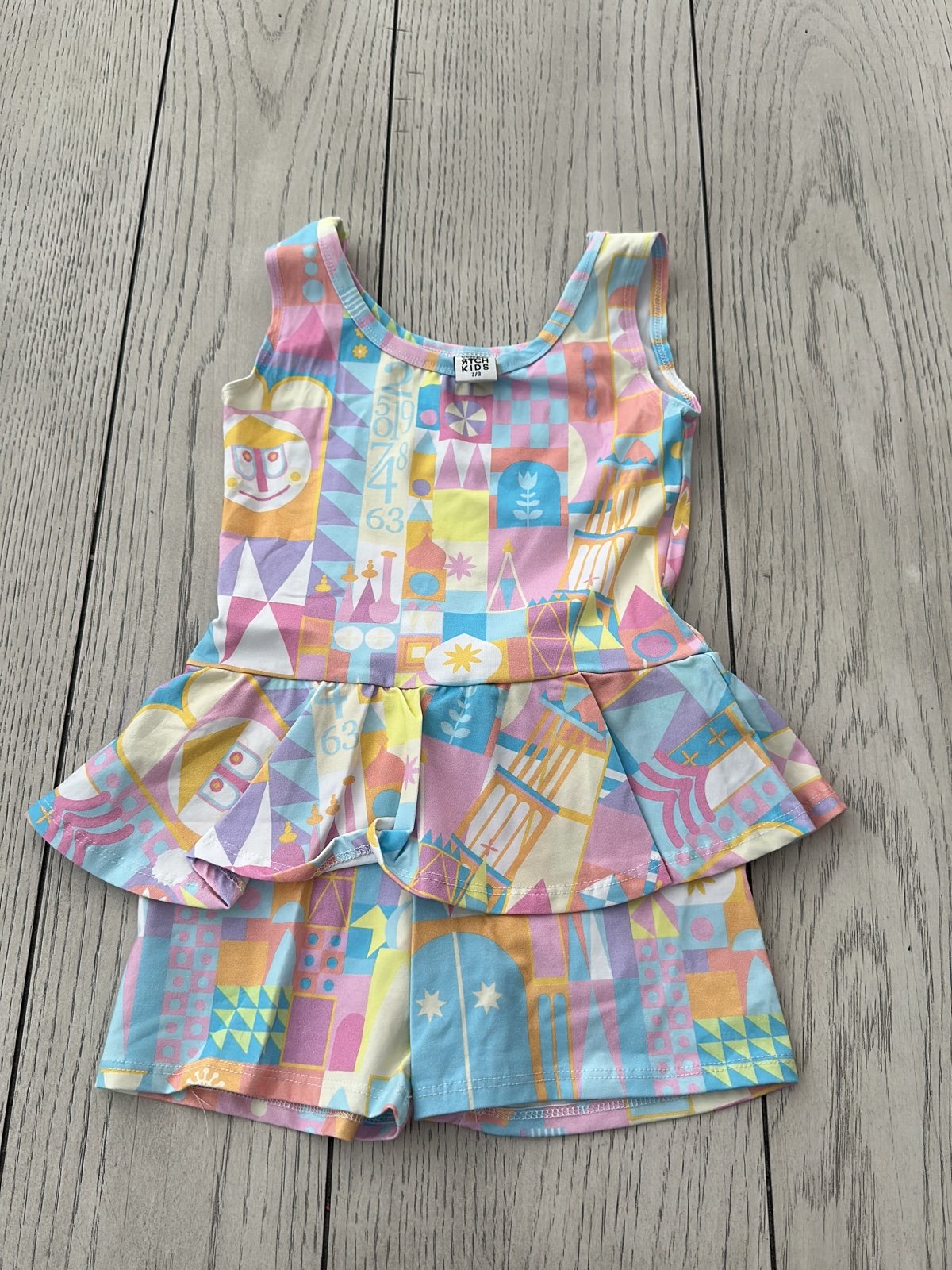 Wild Rich Kids Disney Pastel tank Small World Romper 7/8
