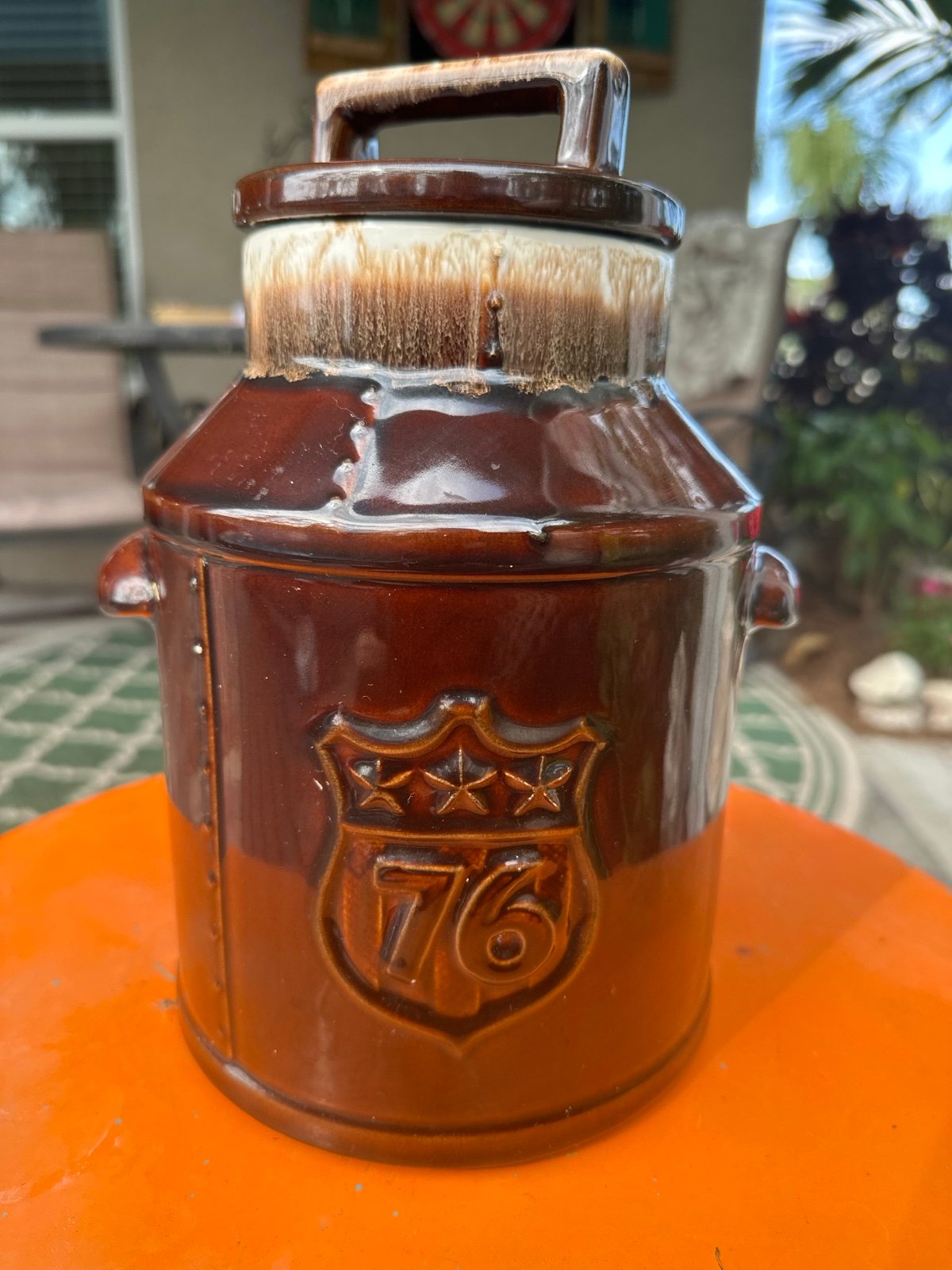 70s vintage McCoy brown drip glaze pottery cookie jar w/ Liberty Bell