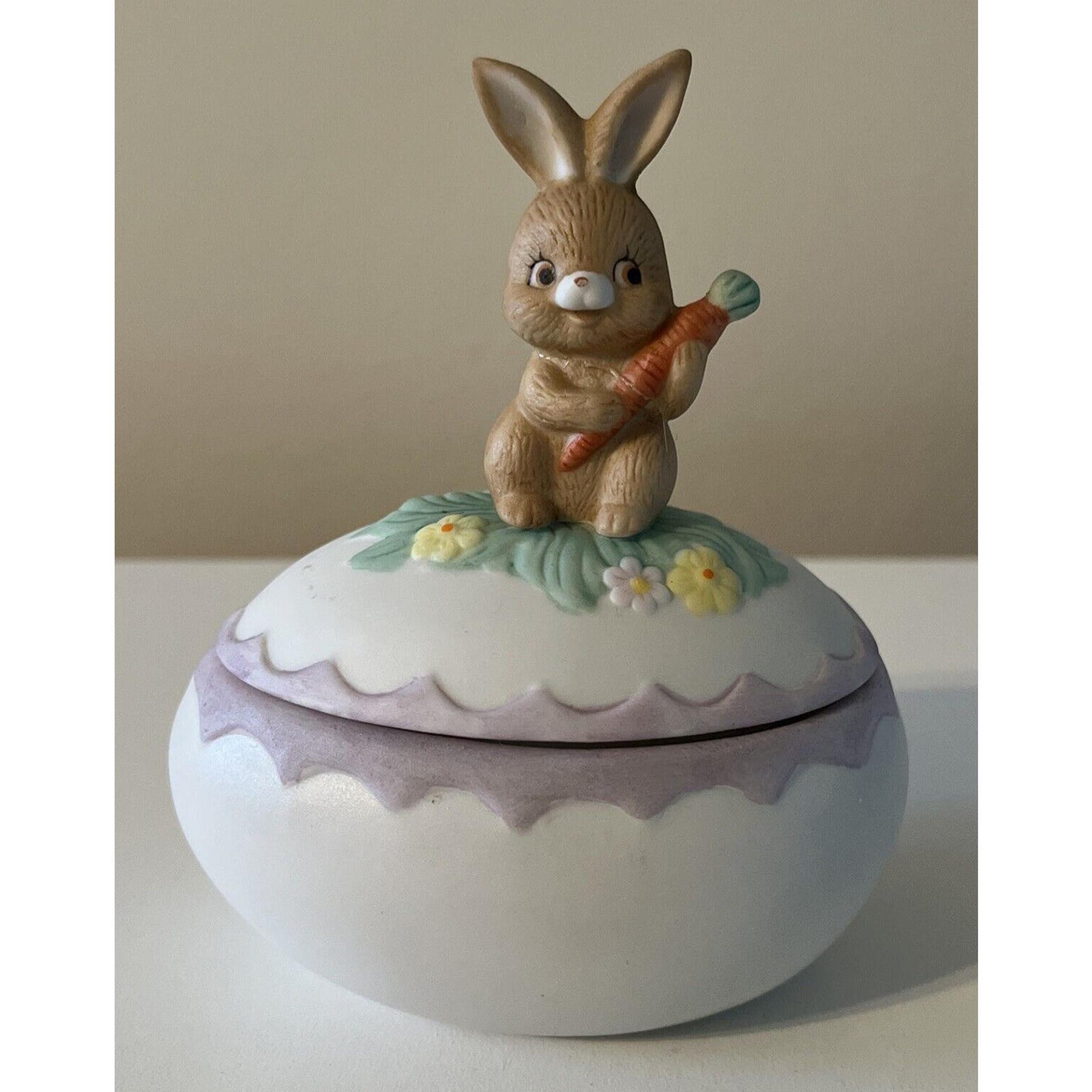Vintage Ceramic Easter Egg & Bunny w/Carrot Lidded Trinket Box **Repaired - Lefton