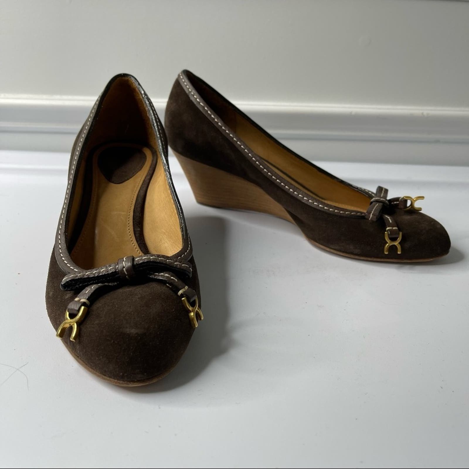 Chloe Brown suede leather 8 mm wedge slip on heel sandals size 37.5