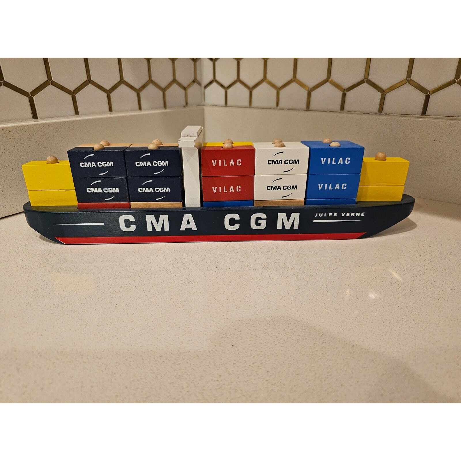Vilac Wooden Block Toy Container Ship Jules Verne 35 Pc Set!