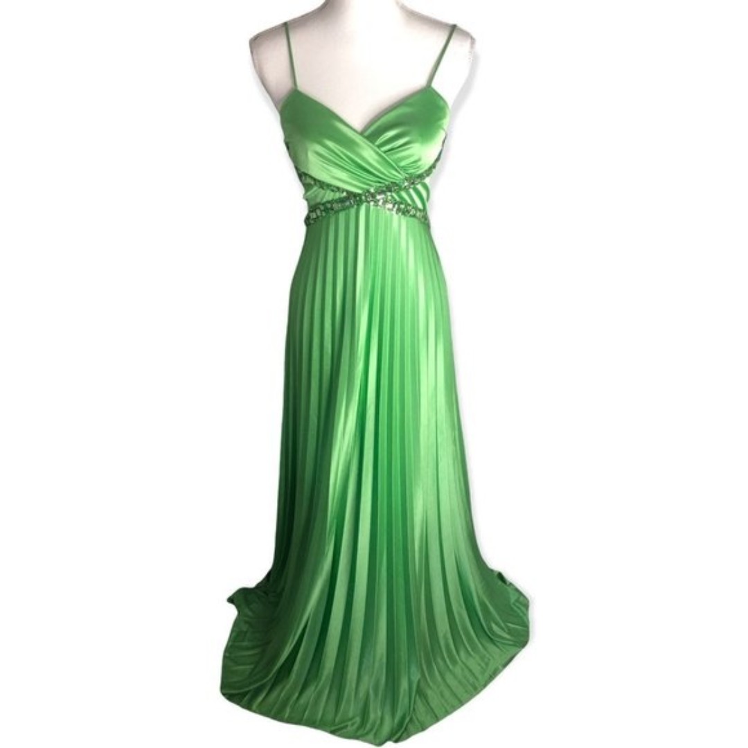 Masquerade Green Satin Pleated Sequined Jewel Formal Maxi Dress Size 7/8